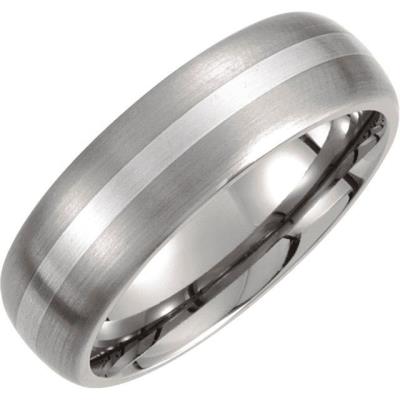 Ladies Titanium & Sterling Silver Inlay 7 mm Satin Finish Domed Band Size 8.5