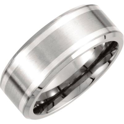 Ladies Titanium & Sterling Silver Inlay 9 mm Beveled Edge Band Size 8
