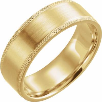 14K Yellow Gold 7 mm Flat Knurled Edge Band with Satin Finish Size 8
