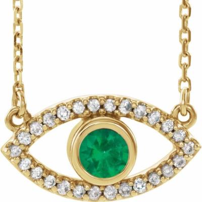 14K Yellow Gold Emerald & White Sapphire Evil Eye 18" Necklace