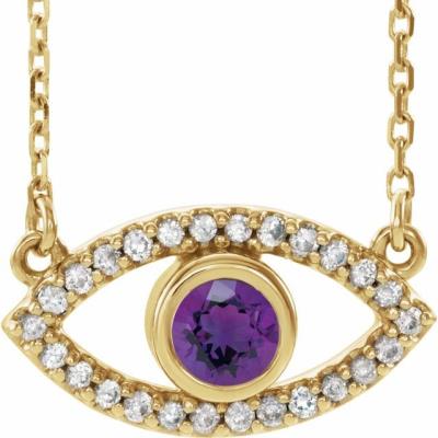 14K Yellow Gold Amethyst & White Sapphire Evil Eye 16" Necklace