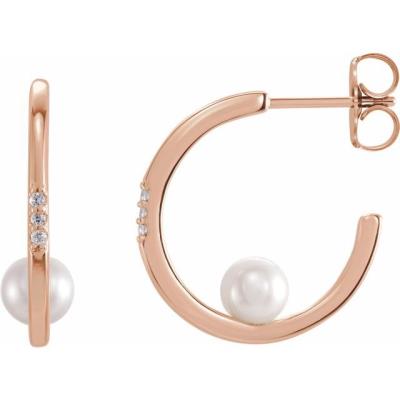 14K Rose Freshwater Cultured Pearl & .03 CTW Diamond Hoop Earrings