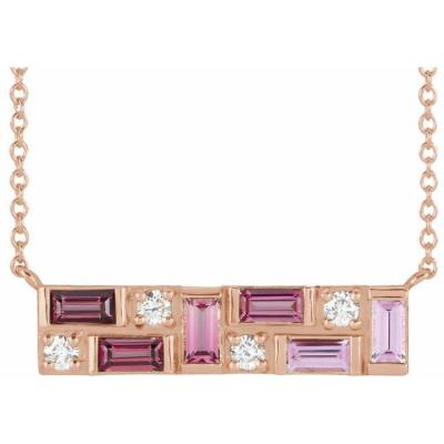 14K Rose Pink Multi-Gemstone & 1/8 CTW Diamond Bar 18" Necklace