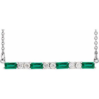 14K White Chatham® Created Emerald & 1/5 CTW Diamond Bar 16-18" Necklace  