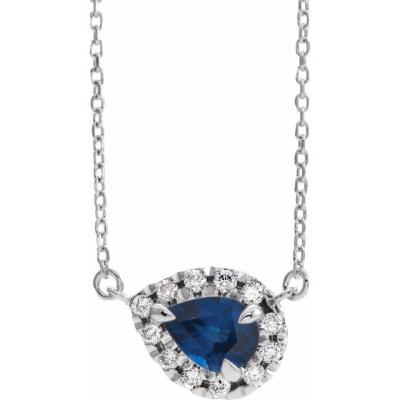 14K White Blue Sapphire & 1/6 CTW Diamond 16" Necklace