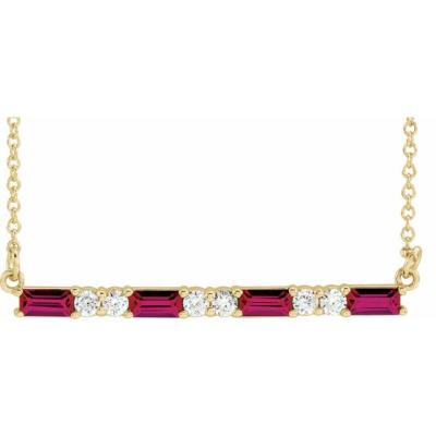 14K Yellow Gold Chatham® Created Ruby & 1/5 CTW Diamond Bar 16-18" Necklace 