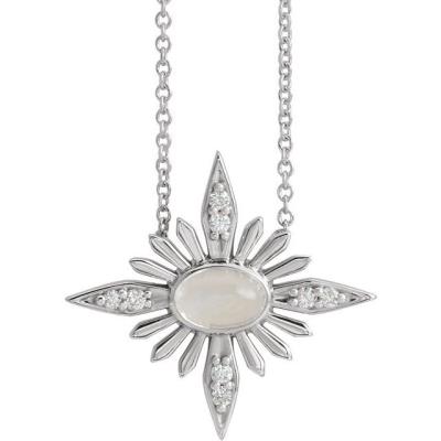 14K White Rainbow Moonstone & .08 CTW Diamond Celestial 16-18" Necklace