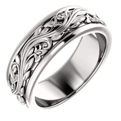 Ladies 14K White 7 mm Scroll Band   Size 8.5