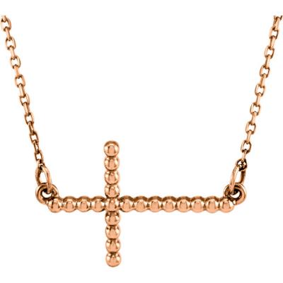 14K Rose 9.45x15.6 mm Sideways Beaded Cross 16.5" Necklace