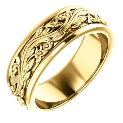 Mens 14K White 7 mm Scroll Band   Size 9
