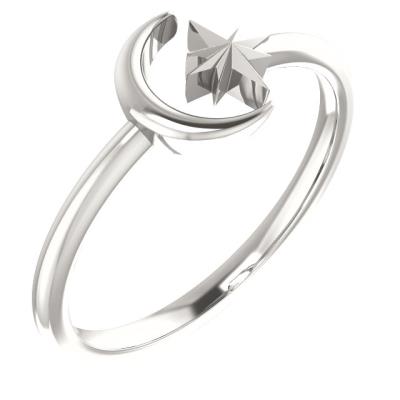 Ladies 14K White Crescent Moon & Star Negative Space Ring  