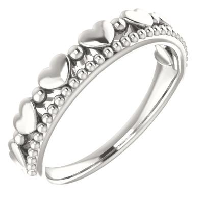 Ladies 14K White Stackable Beaded Heart Ring  