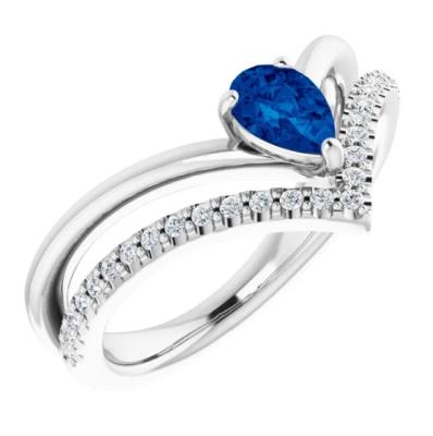 14K White Chatham® Created Blue Sapphire & 1/6 CTW Diamond Ring   