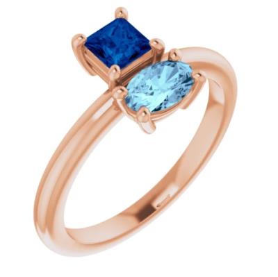 Ladies 14K Rose Blue Sapphire & Aquamarine Ring  