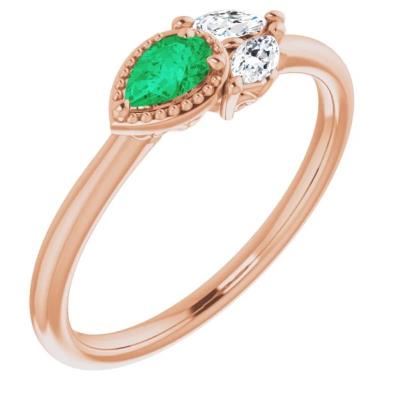 Ladies 14K Rose Chatham® Created Emerald & 1/8 CTW Diamond Ring       