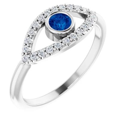 Ladies 14K White Blue Sapphire & White Sapphire Evil Eye Ring   