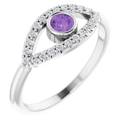 Ladies 14K White Amethyst & White Sapphire Evil Eye Ring    