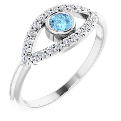 Ladies 14K White Aquamarine & White Sapphire Evil Eye Ring    