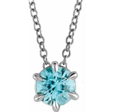 14K White Round 5 mm Blue Zircon Solitaire 16-18" Necklace