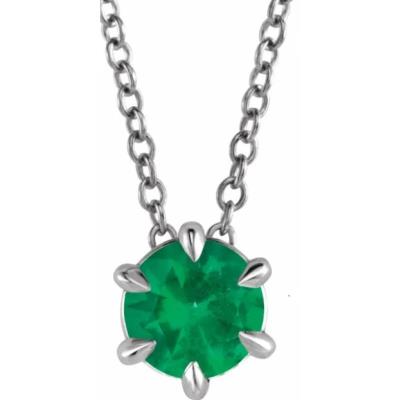 Sterling Silver 5 mm Round Lab-Grown Emerald Solitaire 16-18" Necklace
