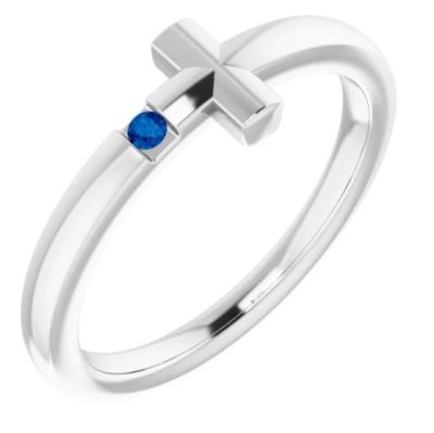 Baby/Youth 14K White 1.5 mm Round Genuine Blue Sapphire Youth Cross Ring