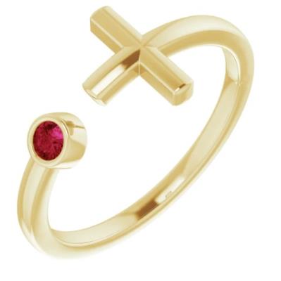 14K Yellow Gold Ruby Negative Space Cross Ring                