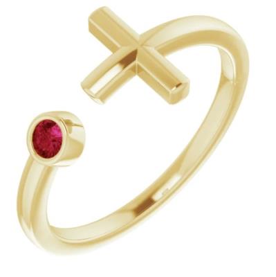 14K Yellow Gold Chatham® Created Ruby Negative Space Cross Ring