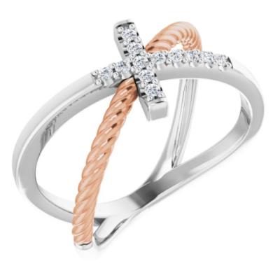 Ladies 14K White & Rose 1/10 CTW Diamond Cross Rope Ring
