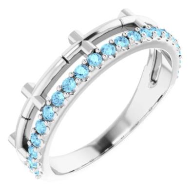 Ladies 14K White Aquamarine Stackable Cross Ring
